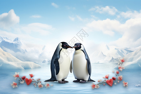 两只企鹅在雪地中相吻背景图片