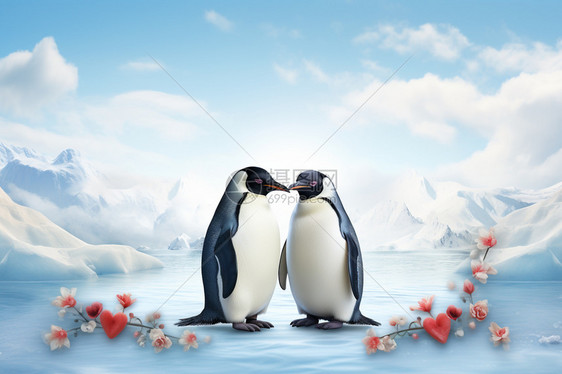 两只企鹅在雪地中相吻图片
