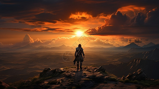 孤独战士欣赏落日的剑客战士插画