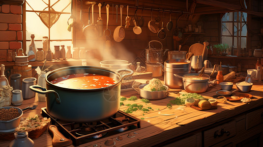 厨房中烹饪的美食插画图片