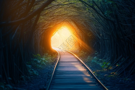 茂密树林中的火车隧道图片