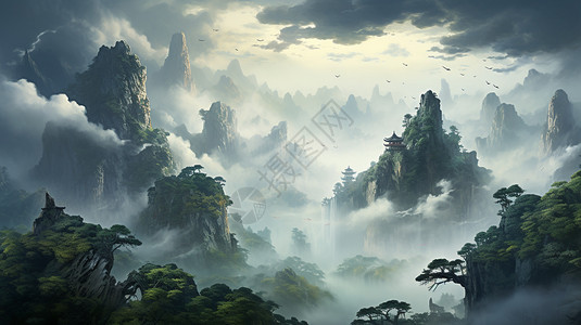云雾缭绕下的大自然悬崖图片