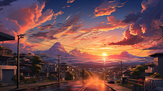 太阳下的车夕阳下宁静的乡村景观插画