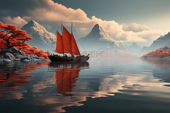 湖上挂着红帆的船图片