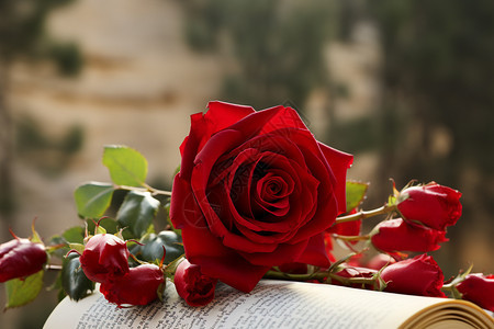 打开的书上放着一朵玫瑰花图片