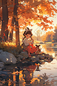 小女孩与河边的欢乐图片