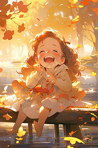 落叶河边的快乐少女图片