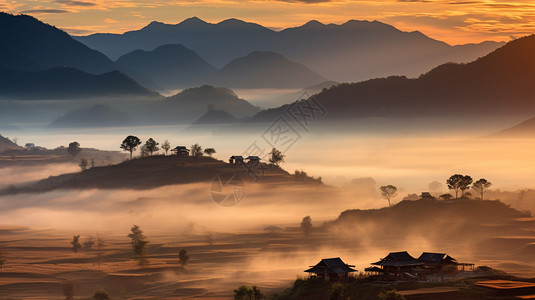 迷雾笼罩的乡间梯田景观图片