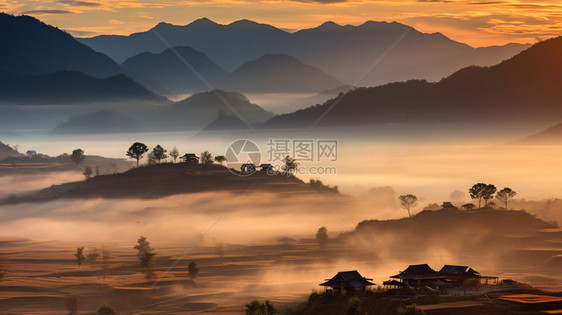 迷雾笼罩的乡间梯田景观图片