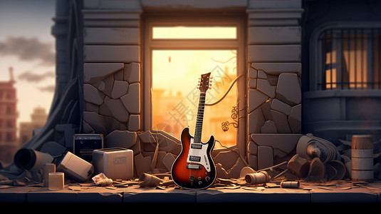 街道废墟中的电音吉他图片