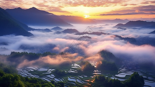 日出时山间梯田的云海景观图片