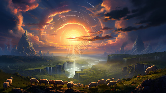 日落时夏季草原上放牧的羊群图片