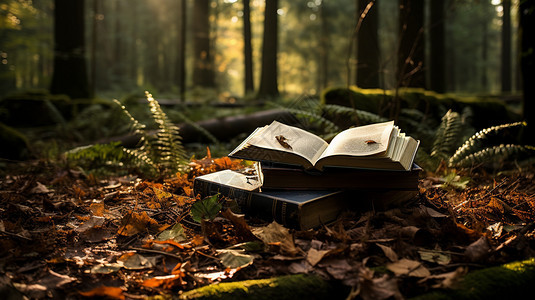 森林中翻开书籍的场景图片