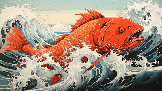 创意艺术海浪中的金鱼插图图片