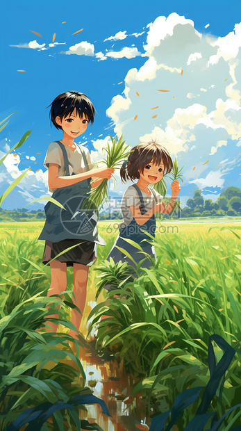 稻田里的孩子图片