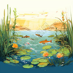 鱼塘的插画图片