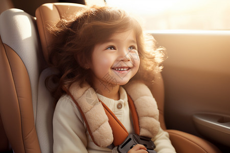 汽车电动座椅女孩坐在车内儿童汽车座椅上的快乐和安全背景