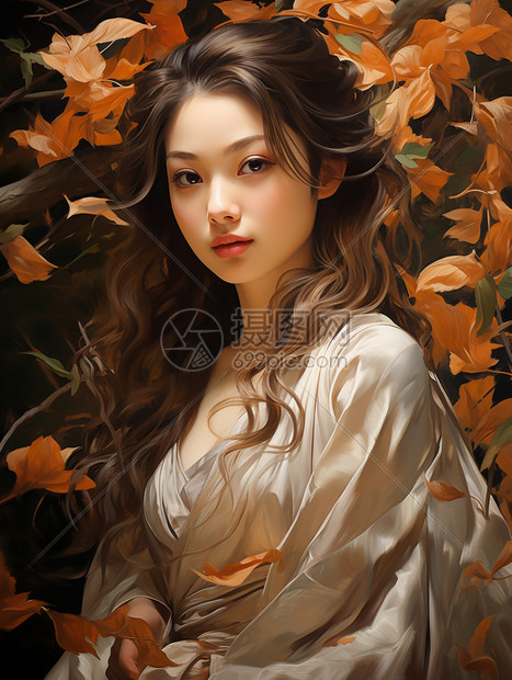 落叶环绕着的美女图片