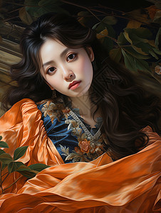 女人穿着一件类似落叶的长裙展示了她的东方之美图片