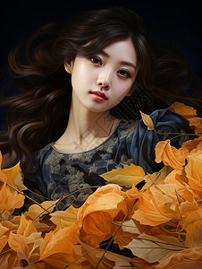 沉浸在浅橙色落叶中的美女图片