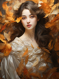 长发美女身边环绕着很多秋叶图片