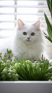 绿色植物和白色小猫图片