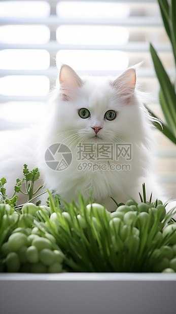 绿色植物和白色小猫图片