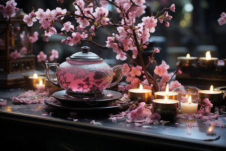 红色花瓣的茶桌图片