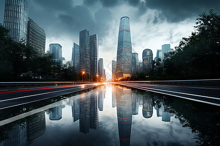 雨后城市道路的倒影图片