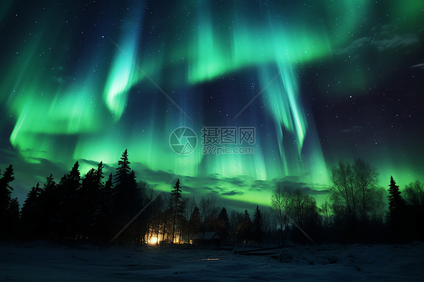 北极光夜空下的森林与灯塔图片