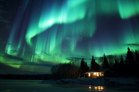 极光中的冬夜奇景图片