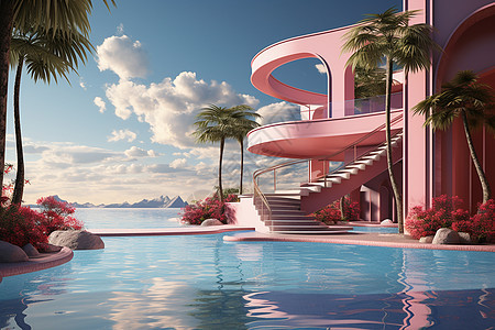 粉色建筑与螺旋楼梯背景下的游泳池图片