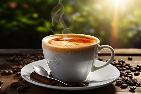 香浓咖啡，咖啡杯与咖啡豆图片