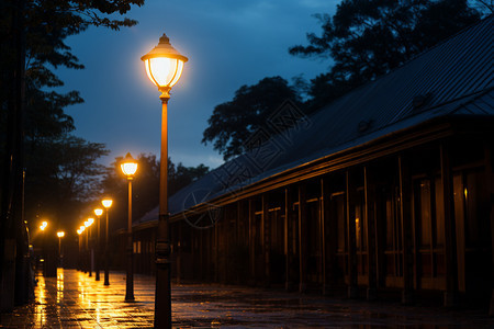 夜幕下点亮的路灯图片