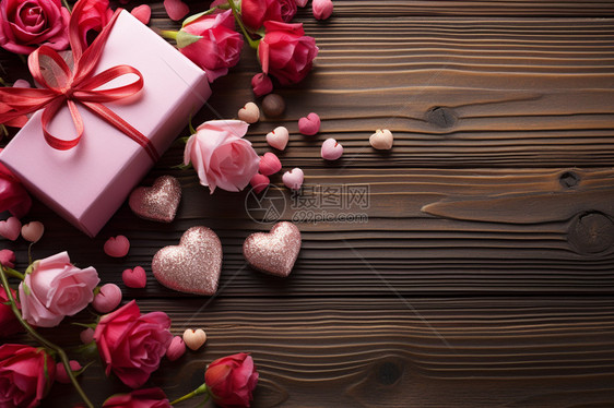 被玫瑰花包围的浪漫礼物图片