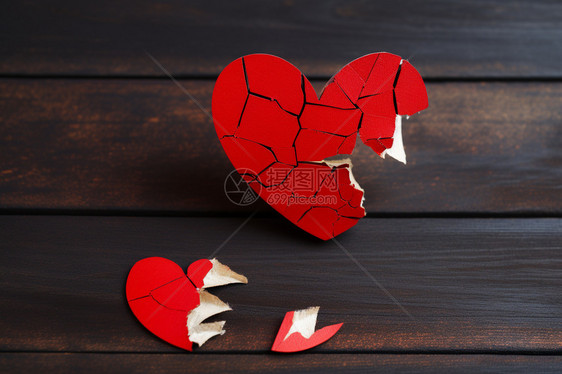 木桌上破碎的心形装饰品图片