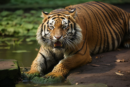 沼泽中匍匐的老虎图片