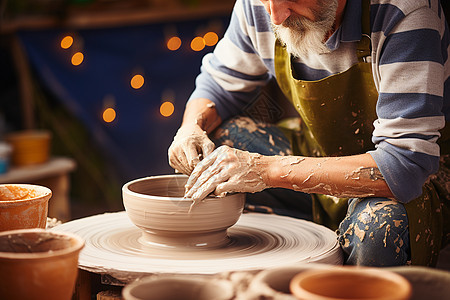 在陶盘上制作碗的男士图片