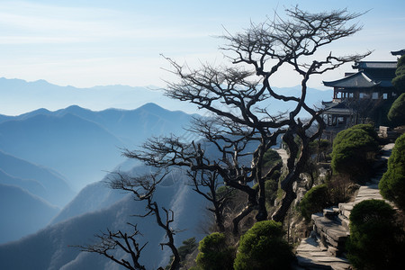 山峰上的古代建筑图片