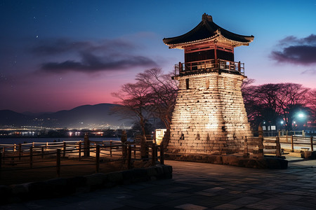 亮灯夜景下的青山古塔图片