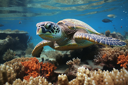 深海中的海龟和珊瑚群图片
