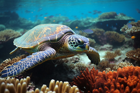 海底中环绕的海龟图片