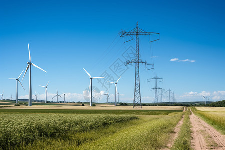 田野中的电力塔和风力涡轮机图片