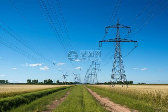 青草地上的电力塔和风力涡轮机图片