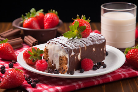 餐盘中的巧克力草莓蛋糕图片