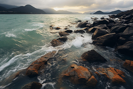 绵延山峦的海洋风光图片