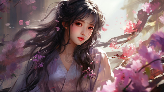 花朵中的汉服女孩背景图片