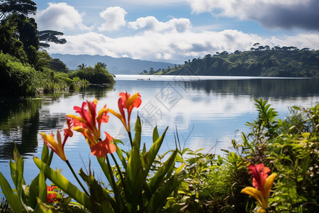 美丽的热带湖畔花园图片