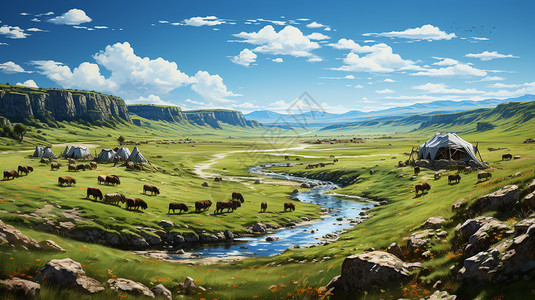 呼伦贝尔草原的牛羊群背景图片