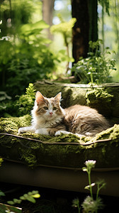 植物群里的小猫图片
